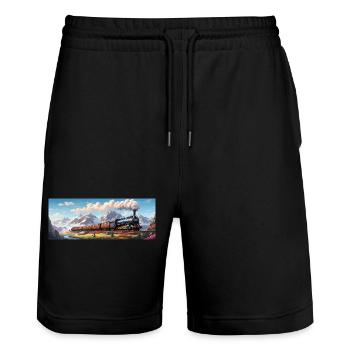 Nostalgic Railway Train with Steam Locomotive - Stanley/Stella Trainer Unisex Organic Jogging Shorts - black - Front - Nik (191cm) & Marisol (170cm)