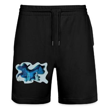 Moers Stadtsilhouette in Hydrographik-Optik - Stanley/Stella Unisex Bio Joggingshorts Trainer  - Schwarz - Vorne - Nik (191cm) & Marisol (170cm)