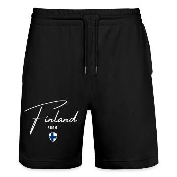 Finland, minimalist elegant design - Stanley/Stella Trainer Unisex Organic Jogging Shorts - black - Front - Nik (191cm) & Marisol (170cm)