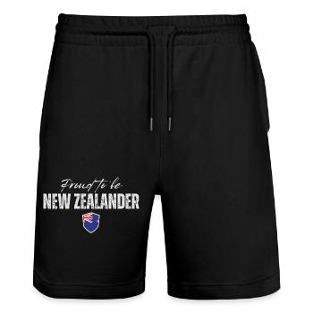 Stolzer Neuseeländer, hergestellt in Neuseeland - Stanley/Stella Unisex Bio Joggingshorts Trainer  - Schwarz - Vorne - Nik (191cm) & Marisol (170cm)