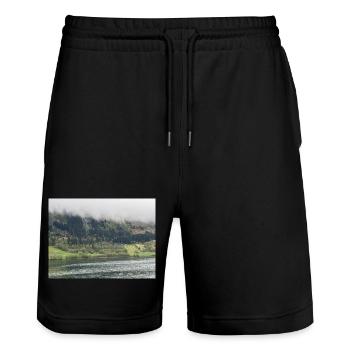 Mystical mountain landscape by the lake - Stanley/Stella Trainer Unisex Organic Jogging Shorts - black - Front - Nik (191cm) & Marisol (170cm)