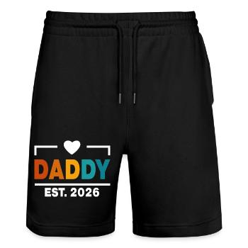 Daddy Est 2026 First Daddy New Dad Est 2026 - Stanley/Stella Trainer Unisex Organic Jogging Shorts - black - Front - Nik (191cm) & Marisol (170cm)