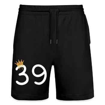 Royal number 39 with gold crown - Stanley/Stella Trainer Unisex Organic Jogging Shorts - black - Front - Nik (191cm) & Marisol (170cm)