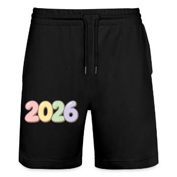 Pastell farbige Jahreszahl 2026 - Stanley/Stella Unisex Bio Joggingshorts Trainer  - Schwarz - Vorne - Nik (191cm) & Marisol (170cm)