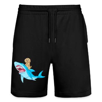 Verspielte Golden Doodle Welpe reitet Hai Design - Stanley/Stella Unisex Bio Joggingshorts Trainer  - Schwarz - Vorne - Nik (191cm) & Marisol (170cm)