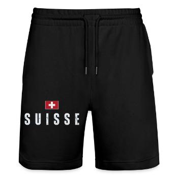 Flag of Switzerland, Swiss pride - Stanley/Stella Trainer Unisex Organic Jogging Shorts - black - Front - Nik (191cm) & Marisol (170cm)