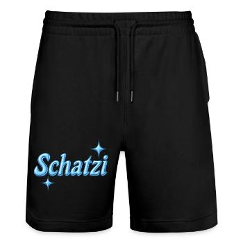 schatzi / Y2K-Design / blau - Stanley/Stella Unisex Bio Joggingshorts Trainer  - Schwarz - Vorne - Nik (191cm) & Marisol (170cm)