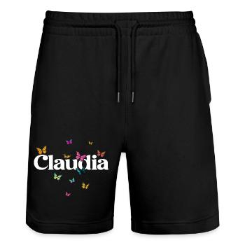 Schöner Mädchenname CLAUDIA mit Schmetterlingen  - Stanley/Stella Unisex Bio Joggingshorts Trainer  - Schwarz - Vorne - Nik (191cm) & Marisol (170cm)