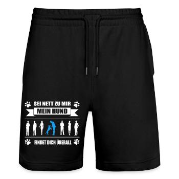 Mantrailing sei nett zu mir mein Hund findet dich  - Stanley/Stella Unisex Bio Joggingshorts Trainer  - Schwarz - Vorne - Nik (191cm) & Marisol (170cm)