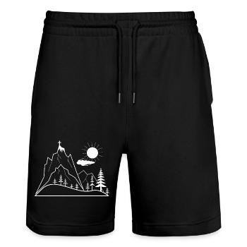 Illustration de la croix du sommet et du paysage de montagne - Short de jogging bio TRAINER Stanley/Stella unisexe - noir - Devant - Nik (191cm) & Marisol (170cm)