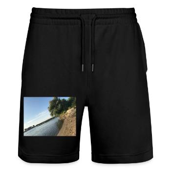 Nature by the river with trees and shore - Stanley/Stella Trainer Unisex Organic Jogging Shorts - black - Front - Nik (191cm) & Marisol (170cm)