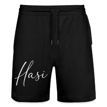 Hasi / Handwriting Design - Stanley/Stella Trainer Unisex Organic Jogging Shorts - black - Front - Nik (191cm) & Marisol (170cm)