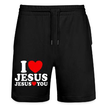 I love Jesus Jesus loves you Christian faith - Stanley/Stella Trainer Unisex Organic Jogging Shorts - black - Front - Nik (191cm) & Marisol (170cm)