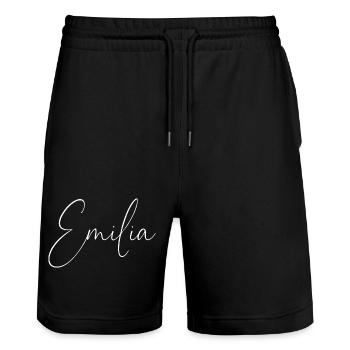 Emilia / Conception d’écriture manuscrite personnalisée (Blanc) - Short de jogging bio TRAINER Stanley/Stella unisexe - noir - Devant - Nik (191cm) & Marisol (170cm)