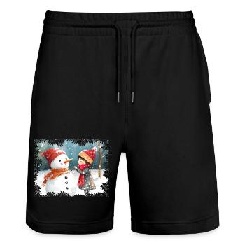 Winter Joy Snowman and Child - Stanley/Stella Trainer Unisex Organic Jogging Shorts - black - Front - Nik (191cm) & Marisol (170cm)