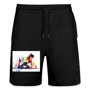 Watercolor fitness exercise - Stanley/Stella Trainer Unisex Organic Jogging Shorts - black - Front - Nik (191cm) & Marisol (170cm)