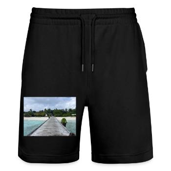 Jetée tropicale sur la mer turquoise Kudafushi Maldives - Short de jogging bio TRAINER Stanley/Stella unisexe - noir - Devant - Nik (191cm) & Marisol (170cm)