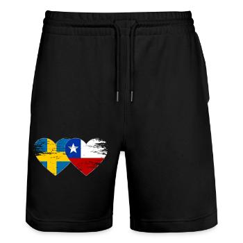 Sweden Chile flag heart used - Stanley/Stella Trainer Unisex Organic Jogging Shorts - black - Front - Nik (191cm) & Marisol (170cm)