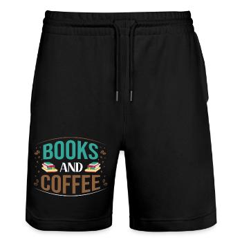 Bücher und Kaffee Motiv - Stanley/Stella Unisex Bio Joggingshorts Trainer  - Schwarz - Vorne - Nik (191cm) & Marisol (170cm)