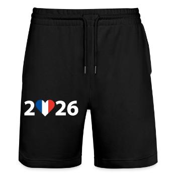 J’aime la France 2026, vacances en France 2026 - Short de jogging bio TRAINER Stanley/Stella unisexe - noir - Devant - Nik (191cm) & Marisol (170cm)