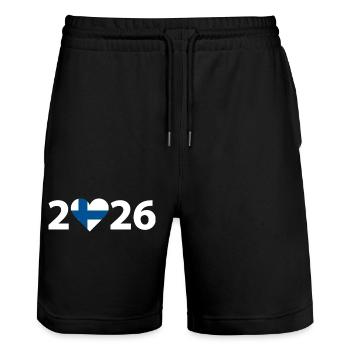 I love Finland 2026, Finland 2026 - Stanley/Stella Trainer Unisex Organic Jogging Shorts - black - Front - Nik (191cm) & Marisol (170cm)