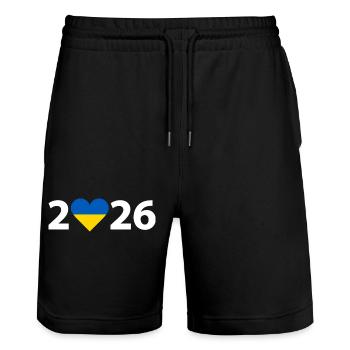 I love Ukraine 2026, Ukraine 2026 - Stanley/Stella Unisex Bio Joggingshorts Trainer  - Schwarz - Vorne - Nik (191cm) & Marisol (170cm)
