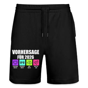 Bald Mama VORHERSAGE 2026 Lustiges - Stanley/Stella Unisex Bio Joggingshorts Trainer  - Schwarz - Vorne - Nik (191cm) & Marisol (170cm)
