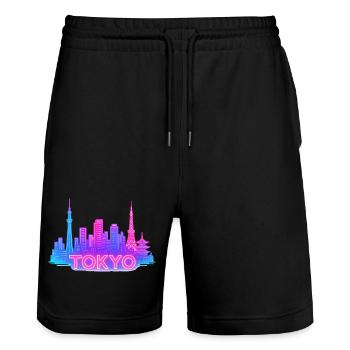 Neon Tokyo Skyline - Stanley/Stella Trainer Unisex Organic Jogging Shorts - black - Front - Nik (191cm) & Marisol (170cm)