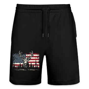 Cerf avec drapeau américain chasse en plein air fierté - Short de jogging bio TRAINER Stanley/Stella unisexe - noir - Devant - Nik (191cm) & Marisol (170cm)