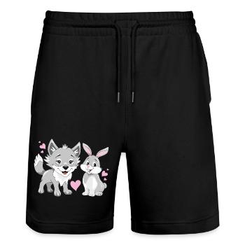 Bébé loup heureux et mignon lapin souriant - Short de jogging bio TRAINER Stanley/Stella unisexe - noir - Devant - Nik (191cm) & Marisol (170cm)