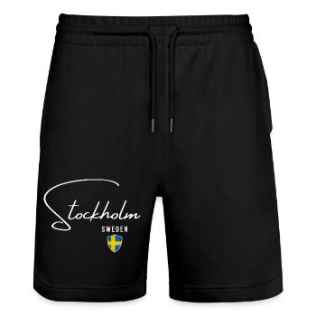 Stockholm, Suède, design minimaliste élégant - Short de jogging bio TRAINER Stanley/Stella unisexe - noir - Devant - Nik (191cm) & Marisol (170cm)