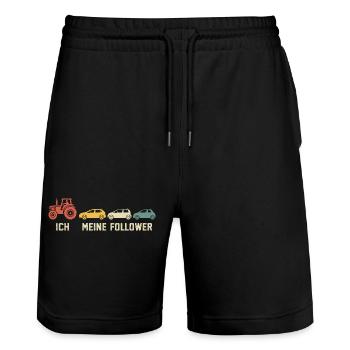 Traktor Bauer Meine Follower Landwirt  - Stanley/Stella Unisex Bio Joggingshorts Trainer  - Schwarz - Vorne - Nik (191cm) & Marisol (170cm)