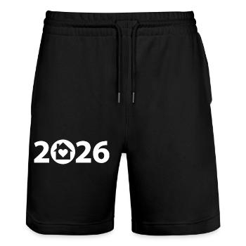 Constructeur 2026, Fête de pendaison de crémaillère 2026, Maison 2026 - Short de jogging bio TRAINER Stanley/Stella unisexe - noir - Devant - Nik (191cm) & Marisol (170cm)