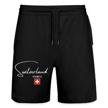 Ich liebe die Schweiz, minimalistisches, schlankes Design - Stanley/Stella Unisex Bio Joggingshorts Trainer  - Schwarz - Vorne - Nik (191cm) & Marisol (170cm)