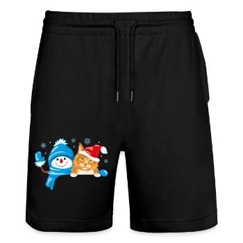 Bonhomme de neige qui fait signe et chat roux mignon - Short de jogging bio TRAINER Stanley/Stella unisexe - noir - Devant - Nik (191cm) & Marisol (170cm)