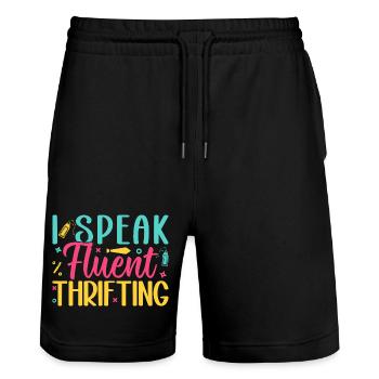 Thrift Shopper I Speak Fluent Thrifting Thrift - Stanley/Stella Unisex Bio Joggingshorts Trainer  - Schwarz - Vorne - Nik (191cm) & Marisol (170cm)