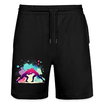 Frauenringen, Frauen Ringen, Mädchen Ringen - Stanley/Stella Unisex Bio Joggingshorts Trainer  - Schwarz - Vorne - Nik (191cm) & Marisol (170cm)