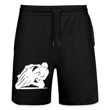 Minimalistische Motorrad Rennfahrer Silhouette - Stanley/Stella Unisex Bio Joggingshorts Trainer  - Schwarz - Vorne - Nik (191cm) & Marisol (170cm)