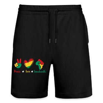 Peace Love Juneteenth – Black Pride Roots - Stanley/Stella Trainer Unisex Organic Jogging Shorts - black - Front - Nik (191cm) & Marisol (170cm)
