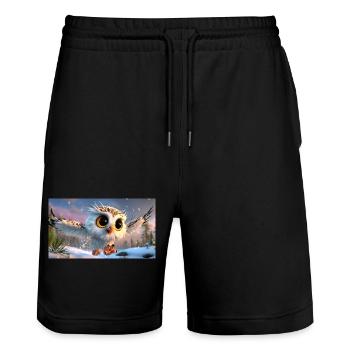 Fluffy snowy owl with googly eyes in flight - Stanley/Stella Trainer Unisex Organic Jogging Shorts - black - Front - Nik (191cm) & Marisol (170cm)