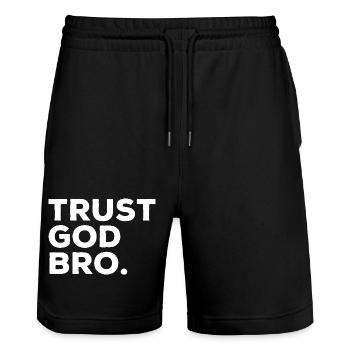 Glaube An Gott Bro Lustiger Religions Jesus Spruch - Stanley/Stella Unisex Bio Joggingshorts Trainer  - Schwarz - Vorne - Nik (191cm) & Marisol (170cm)