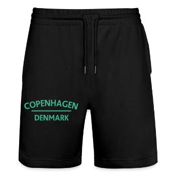 Copenhagen – Denmark Textdesign - Stanley/Stella Trainer Unisex Organic Jogging Shorts - black - Front - Nik (191cm) & Marisol (170cm)