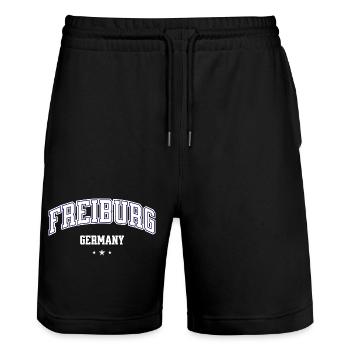 Freiburg Germany College Style Design - Stanley/Stella Trainer Unisex Organic Jogging Shorts - black - Front - Nik (191cm) & Marisol (170cm)