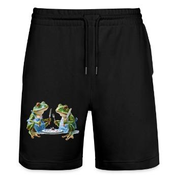 Two frog cooks at dinner - Stanley/Stella Trainer Unisex Organic Jogging Shorts - black - Front - Nik (191cm) & Marisol (170cm)