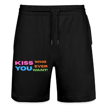Pride / CSD / LGBTQ+ Design "Kiss" - Stanley/Stella Unisex Bio Joggingshorts Trainer  - Schwarz - Vorne - Nik (191cm) & Marisol (170cm)