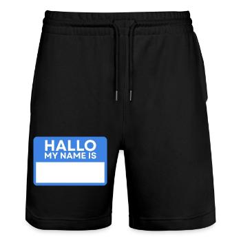 Hello Name Blue Name Badge - Stanley/Stella Trainer Unisex Organic Jogging Shorts - black - Front - Nik (191cm) & Marisol (170cm)