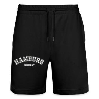 Hamburg Germany College Style Souvenir - Stanley/Stella Trainer Unisex Organic Jogging Shorts - black - Front - Nik (191cm) & Marisol (170cm)