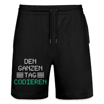 Nerd Computer DEN GANZEN TAG CODIEREN LUSTIG - Stanley/Stella Unisex Bio Joggingshorts Trainer  - Schwarz - Vorne - Nik (191cm) & Marisol (170cm)