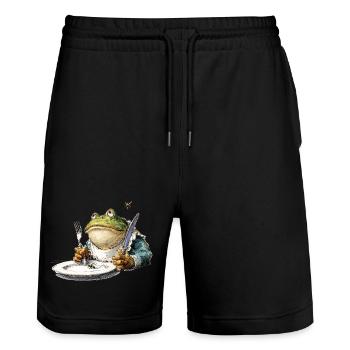 Frog at the table with cutlery - Stanley/Stella Trainer Unisex Organic Jogging Shorts - black - Front - Nik (191cm) & Marisol (170cm)