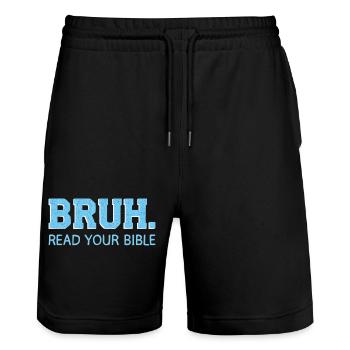 Bruh Bible Shirt – Lis la Bible - Short de jogging bio TRAINER Stanley/Stella unisexe - noir - Devant - Nik (191cm) & Marisol (170cm)